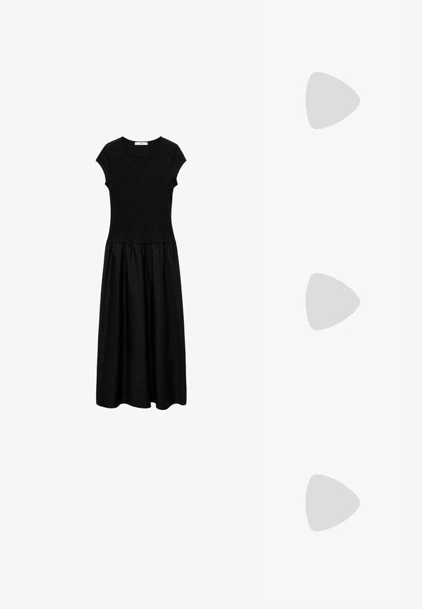 Zwarte jurk met korte kapmouwen, een aansluitend lijfje en een geplooide rok. Gemaakt van een gladde stof, met een minimalistisch ontwerp en zonder zichtbare patronen.; Betsy Enkelkaarsjes - black; Geweven draagtas in donkerrood met twee stevige handvatten, met een visgraatpatroon en een open ontwerp. Gemaakt van natuurlijke materialen.; Gouden knoopstuds met een gedraaide design. Elke oorring heeft een ronde transparante achterkant voor een veilige draagervaring.