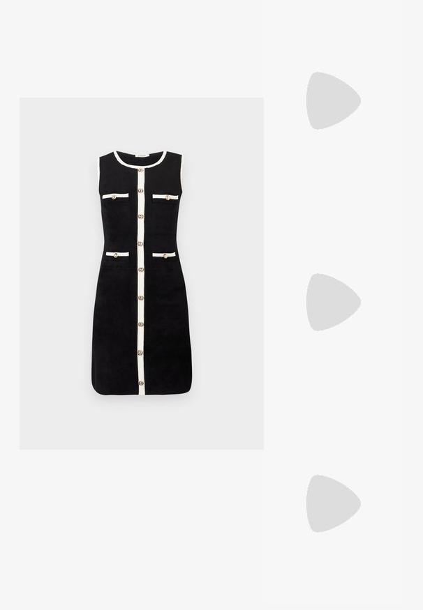 Abito nero senza maniche con taglio dritto, bordo bianco lungo i bordi, quattro tasche frontali con bottoni e chiusura centrale con bottoni.; Slingback in vernice nera con tacco a stiletto, punta affusolata e cinturino regolabile. Superficie liscia con finitura lucida.; Occhiali da sole neri rettangolari con lenti scure, montatura in plastica lucida e accenti dorati sulle tempie. Design minimalista e forma elegante.; Borsa a mano in pelle marrone con una finitura testurizzata, dotata di un gancio in metallo dorato e di una singola tracolla curva.