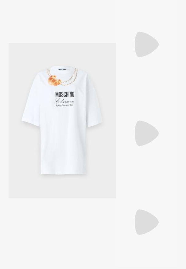 White cotton T-shirt with short sleeves, featuring a croissant and pearl necklace graphic. Text reads "Moschino Colazione Spring Summer 225."; Black strappy sandal with a square toe and a low block heel. Features multiple thin straps and an adjustable ankle strap. Made of smooth leather.; Black leather crossbody bag featuring a smooth texture, rectangular shape, and a metallic chain detail on the front. Adjustable strap included.; Gold-tone earrings with a curved, hoop-like design featuring a prominent silver spherical accent. Polished metal finish, post-back closure.
