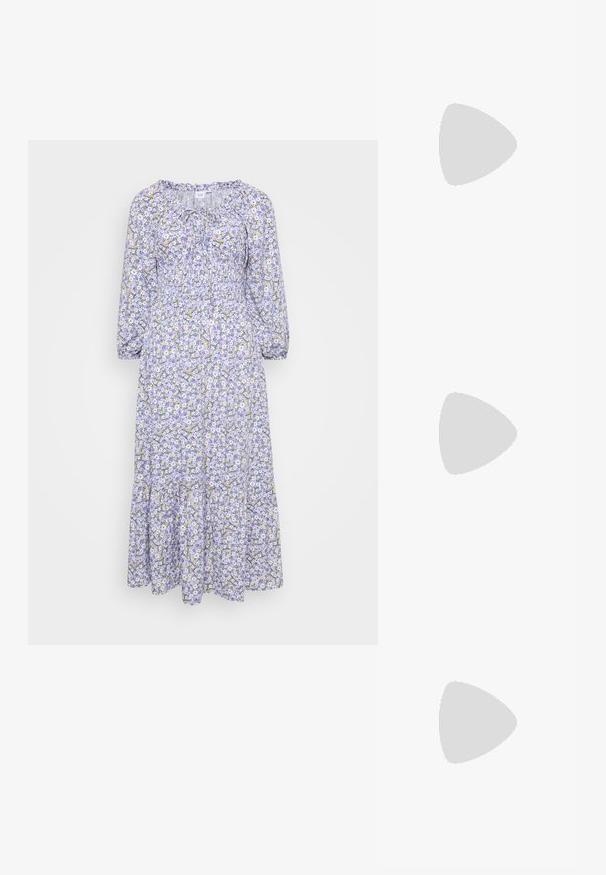 Cvetna obleka z lilastim podlagom, ki ima bele in rumene cvetove. Dolgi rokavi, nabrana izreza in večstopenjski rob. Lahkoten material.; Bež nubuk Mary Jane balerinke s koničastim nosom in eno nastavljivo zanko s srebrno zaponko. Črna ravna podplat.; Črne velike sončne očala z geometrijskim dizajnom, pravokotnimi lečami in sijočo površino. Brez vidne blagovne znamke spredaj.; Zlate uhane v obliki obroča z gladkim, zaobljenim dizajnom. Imajo majhen zatič za zapiranje, težijo k lahkemu izgleda in imajo polirano površino.