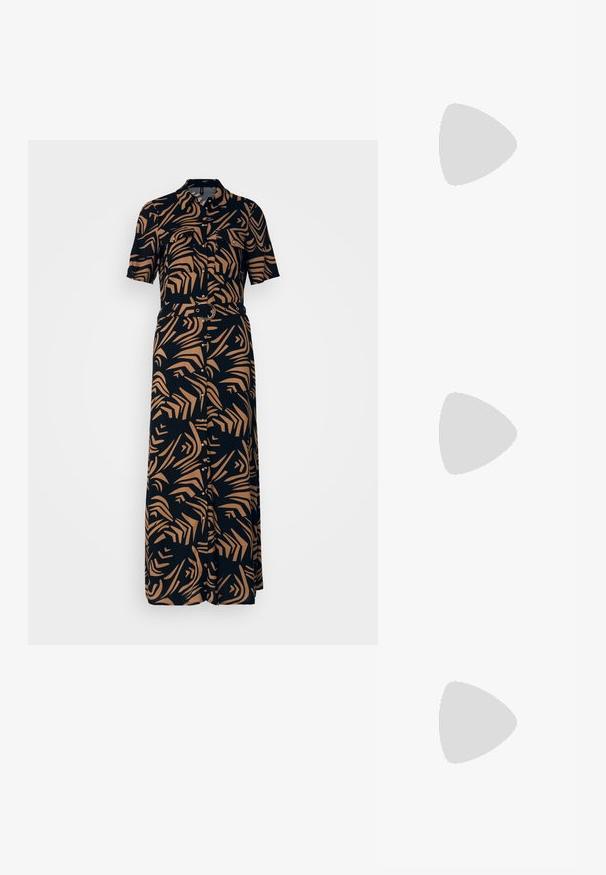 Košeľové šaty z čiernej látky s abstraktnými béžovými vzormi, s krátkymi rukávmi, opasok v páse a maximálnou dĺžkou.; Čierna lakovaná slingback obuv s špicatou špičkou, malým opätkom a ozdobnou mašľou na nártovej časti. Celkový hladký povrch.; Čierna kožená crossbody taška s hladkou textúrou, obdĺžnikovým tvarom a kovovým reťazovým detailom na prednej strane. Súčasťou je nastaviteľný popruh.; Strieborné visACIE náušnice so štvorcovým študom, s hladkým, lešteným povrchom a tvarom kvapky, odrážajúce svetlo s lesklým povrchom.