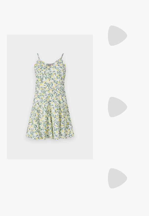 Ziedu kleita ar dzeltenu un zaļu lapu rakstu uz balta fona. Ar plāniem siksniņām, V veida dekoltē un izplestu svārku. Viegls audums.; Balta patent ādas sandale ar norādītu purngalu un zemu blokus papēdi. Satur smalku siksniņu ar zelta krāsas sprādzi.; Melnas ādas rokassoma ar izliekta formu, noņemamu siksnu un zelta aksesuāriem. Somai ir vāciņš ar sprādzes detaļu.; Zelta tonī veidotas auskaru piekariņi ar ovālu izgriezumu caurspīdīgām kristālēm, kuras ieskauj mazākas caurspīdīgas akmeņu daļiņas, ar āķveida dizainu drošai valkāšanai.