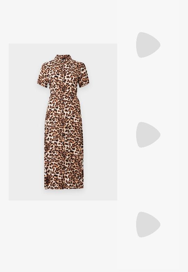 Leopardmønstret midikjole med korte ærmer, krave, knapfront og indsnævret talje, lavet af let stof med en glat tekstur.; Beige spiss tå slingback sko med svart kant, gullspenne og tykk blokkheel på grått gulv med mørkegrønn bakgrunn.; Svart rektangulære solbriller med mørke linser, blanke plastrammer og gullaksenter på sidene. Minimalistisk design og strømlinjeformet form.; Brun lærcrossbody-veske med gullfarget spenne, rektangulær form, glatt tekstur og avtagbar stropp.