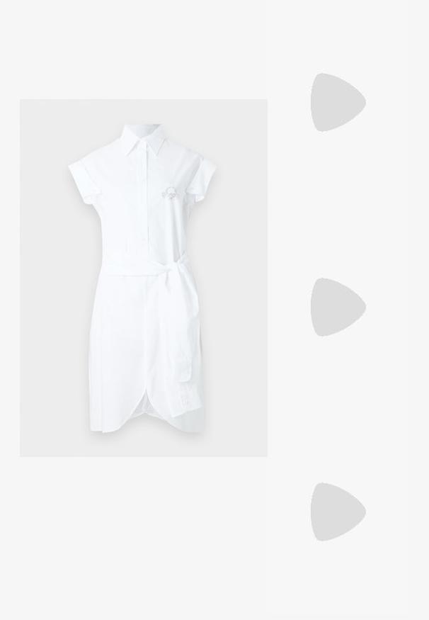 White shirt dress made of cotton with a collar, short sleeves, and a tied waist. Features button closure and embroidered detail on the chest.; Pink and purple suede sneakers with beige soles, featuring white laces and three pink stripes, paired with white socks and blue track pants.; Brown oval sunglasses with a light brown plastic frame. Slim temples and tinted lenses provide a sleek, minimalist design.; Blue transparent handbag made of interlocking beads, featuring a structured shape and a short handle, with a smooth texture and a glossy finish.