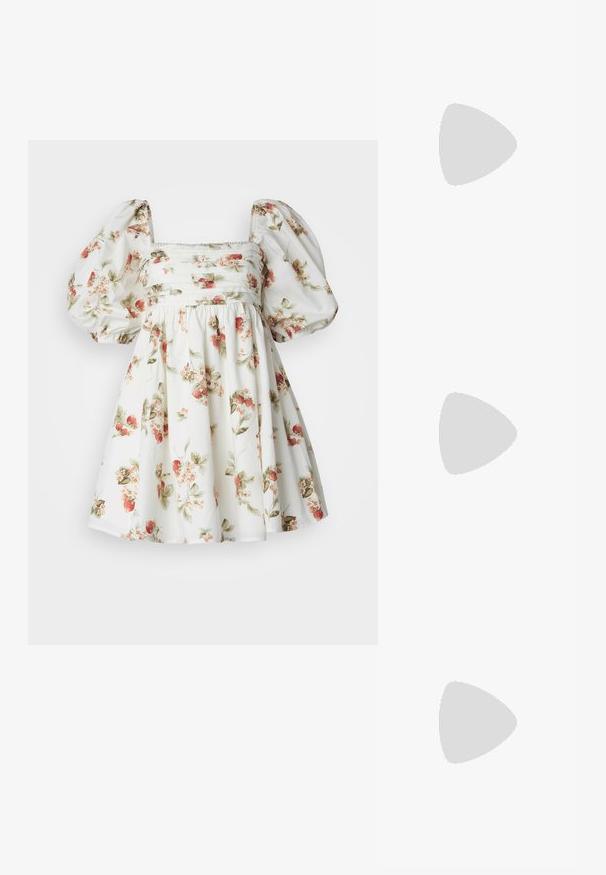 Abercrombie & Fitch EMERSON CLASSIC MINI - Hverdagskjole - white; Sorte lædersandal med tværgående remme, flad platformssål og glat tekstur. Minimalistisk og monokrom æstetik.; Tre par rektangulære solbriller: en pink, en hvid, en sort. Alle har mørke glas og en blank plastikramme.; Sort hobo taske lavet af glat læderlignende materiale med et snoet håndtag, der har en blød, rund form og en toplynlås.