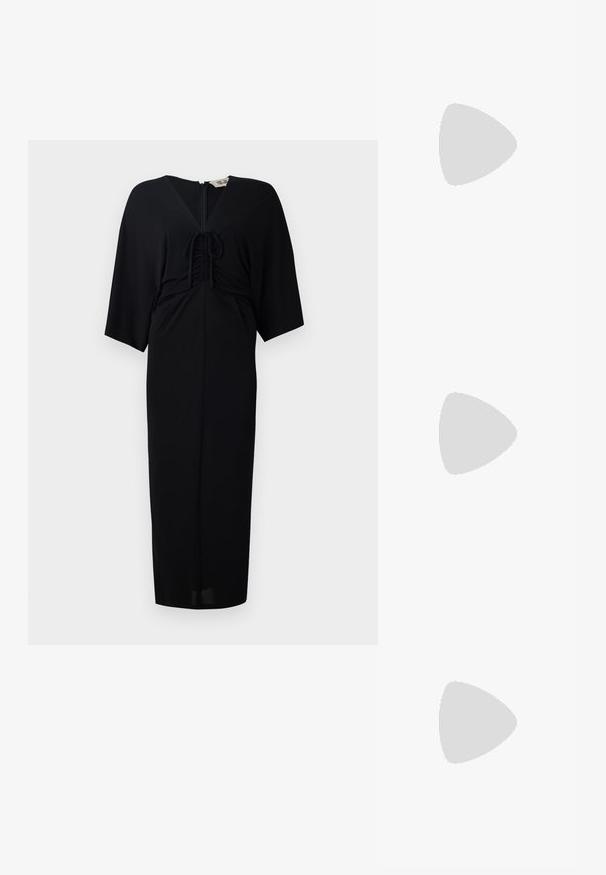 Black midi dress with short kimono sleeves, front tie detailing, a zip closure, and a fitted silhouette. Smooth fabric, minimalistic design.; White leather high-heeled shoe with a pointed toe, ankle strap, and a slim stiletto heel. Smooth texture with subtle glossy finish.; Black leather crossbody bag with two front pockets, gold buckles, zipper closure, and a slim strap. Textured surface and compact rectangular shape.; Gold-tone metal hoop earrings with a curved, elongated shape. Features a smooth, shiny surface and a rounded tip for added detail.