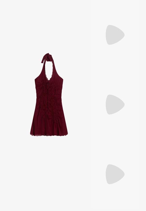 Sleeveless burgundy halter dress with ruched front and tie neck, featuring a flared skirt and lace trim along neckline.; White slingback heel with a pointed toe, smooth upper material, low block heel, and side cut-out design with adjustable buckle strap.; Round sunglasses with dark lenses and gold frames. The model wears a light blue, ribbed cardigan with buttons and contrast white sleeves.; Michael Kors wristlet in beige coated canvas featuring a repeating MK logo pattern, gold hardware, and a detachable chain strap.