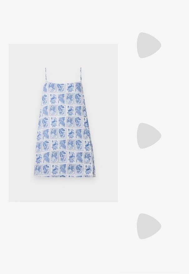 Blue and white patterned dress with thin straps; features a grid of floral and fruit illustrations; lightweight fabric, loose fit.; Black patent ankle boot with a pointed toe and a square block heel. Smooth texture with a high-shine finish, featuring no visible embellishments.; Tortoiseshell sunglasses with oval lenses, brown-tinted, thin arms featuring a textured pattern, lightweight plastic frame.; Brown leather crossbody bag with a curved shape, gold hardware, and a buckle accent. Features a detachable shoulder strap.