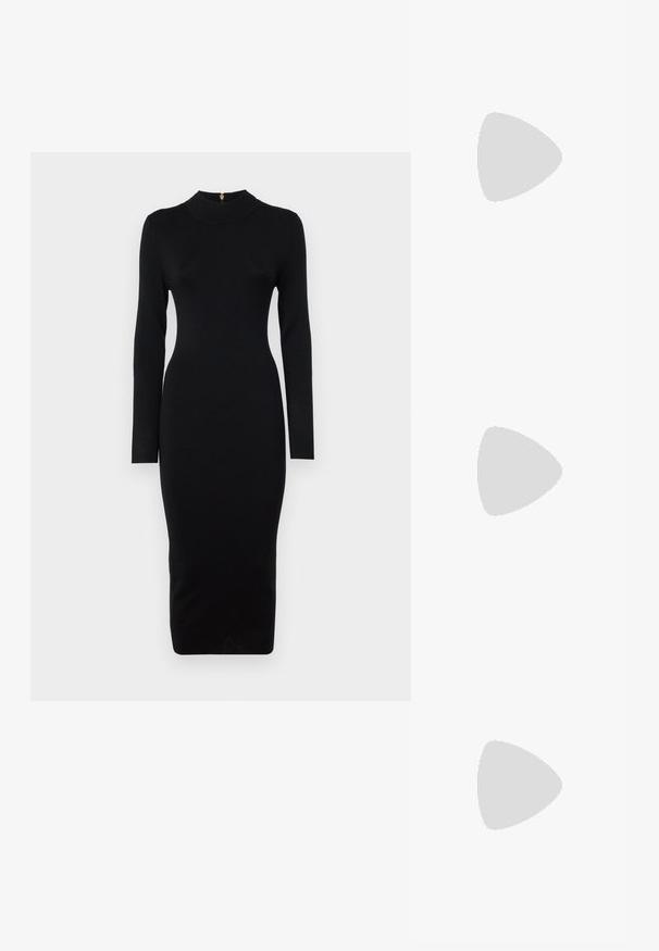 Robe noire ajustée à manches longues, col haut, texture côtelée et silhouette mi-longue. Comprend une fermeture éclair au dos avec des accessoires en or.; Escarpin slingback en vernis noir avec un bout pointu, présentant un imprimé serpent texturé, une sangle réglable et un petit talon bloc texturé.; Sac en cuir noir porté en travers avec deux poches avant, boucles dorées, fermeture zippée et une sangle fine. Surface texturée et forme rectangulaire compacte.; Boucles d'oreilles dorées présentant les initiales "ML" ornées de petites perles blanches en faux, avec un dos transparent pour un port sécurisé.