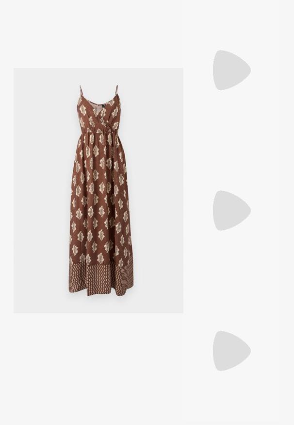 Barna maxiruha vékony pántokkal, bézs levélmintákkal és cikkcakk díszítéssel az alján. Könnyű anyagból készült.; Fekete lakk bőr szandálkés magas sarkú cipő, hegyes orral és geometrikus tömbsarkakkal. Karcsú, minimalista dizájn és sima textúra jellemzi.; Sárga műbőr krokodil mintás kézitáska strukturált kialakítással, felső fogantyúval, leválasztható lánccal és díszes kristály díszítéssel a záron.; Aranyszínű fülbevalók, texturált, hullámos formákkal. Tartalmazza a szobrászati klipszes studokat és az open hoop kialakítást, kalapácsos felülettel.