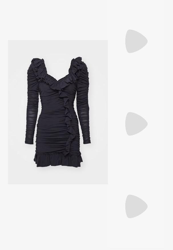 Robe noire avec de longues manches à volants et un décolleté volanté. Présente une texture plissée et une coupe ajustée avec un ourlet à volants.; Escarpin à talon slingback à bout pointu en matériau beige lisse et brillant. Présente un design de découpes courbées et un talon aiguille fin. Détail de boucle en argent.; Lunettes de soleil noires avec des montures surdimensionnées et arrondies. Les verres dégradent du foncé au clair. Elles présentent une finition lisse et brillante, avec des accents de logo subtils sur les branches.; Loeffler Randall BOW SHOULDER BAG - Sac à main - black