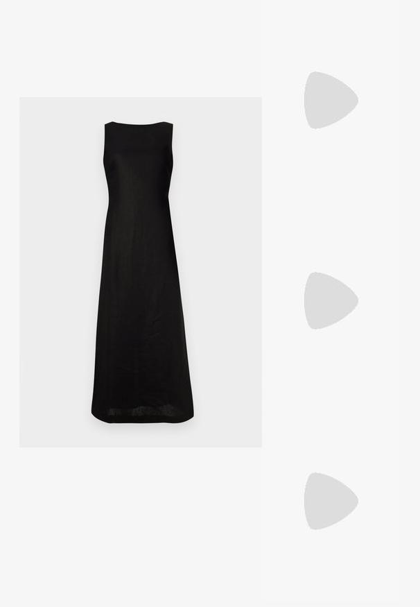 Schwarzes ärmelloses Kleid mit geradem Schnitt, aus leichtem Stoff gefertigt, mit einem einfachen runden Ausschnitt und minimalistischer Gestaltung.; Weiße Leder-Sneaker, niedrig geschnitten, mit glatter Textur, runder Zehenpartie, Schnür vorne und kleinem gesticktem Logo an der Seite.; Schwarze Leder-Halbmondtasche mit einem goldenen Hardware-Akzent und einem Reißverschluss. Über einem grauen Pullover quer über den Körper getragen.; Goldfarbene Ohrstecker mit Knoten in gedrehter Ausführung. Jeder Ohrstecker verfügt über eine runde, transparente Rückseite für sicheren Halt.