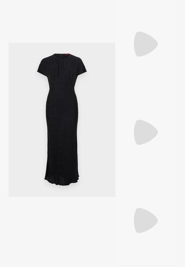 Black long dress with short sleeves, featuring a subtle geometric pattern, round neckline, fitted waist, and a slightly flared bottom.; Black high-heeled sandals feature thin straps with a knotted design, a smooth square toe, and a sleek stiletto heel.; Light gray metallic handbag featuring a chain strap, embellished with small circular metallic studs and a triangular brand logo.; Silver hoop earrings with a smooth, shiny finish. Rounded shape, lightweight design, featuring a post-back closure.