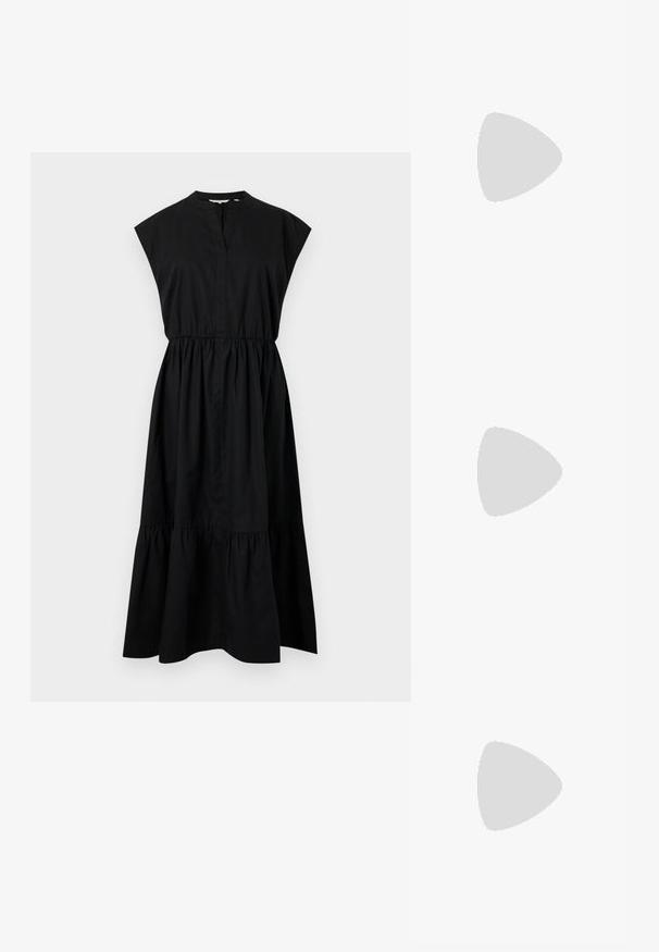 Black cotton dress featuring cap sleeves, a V-neckline, and a gathered waistline, finishing with a tiered hem. Smooth texture, no patterns.; Black patent leather slingback heels with a pointed toe, a rounded cutout design, and a block heel. Features a gold-tone buckle accent.; Black oversized sunglasses with gradient lenses, thick frames, and gold-tone chain detailing on the temple arms.; Black handbag with structured shape, smooth texture, and a metallic clasp. Paired with wide black pants and open-toe sandals on wooden floor.