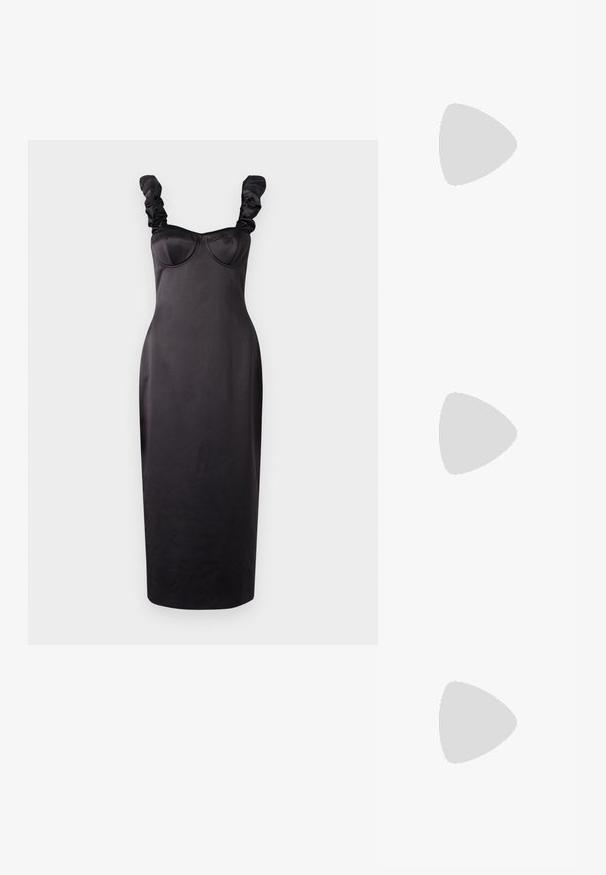 Crna midi haljina od glatkog materijala, s uklopljenim korzetom i jastučićima, te nabranim naramenicama. Jednostavan, elegantan dizajn.; Crna kožna slingback cipela s uskim prstom, malim potpeticom i kopčom na remenu oko članka. Glatka tekstura, minimalistički dizajn.; Bijela satenska torba na vezanje s okruglom drškom ukrašenom biserima, kožnim detaljima i odvojivim remenom za svestranost.; Srebrni padlockovi u obliku srca s ugraviranim tekstovima "DA" i "NE", s poliranim završnim obradama, simetričnim dizajnom i robusnim metalnim kopčanjem.