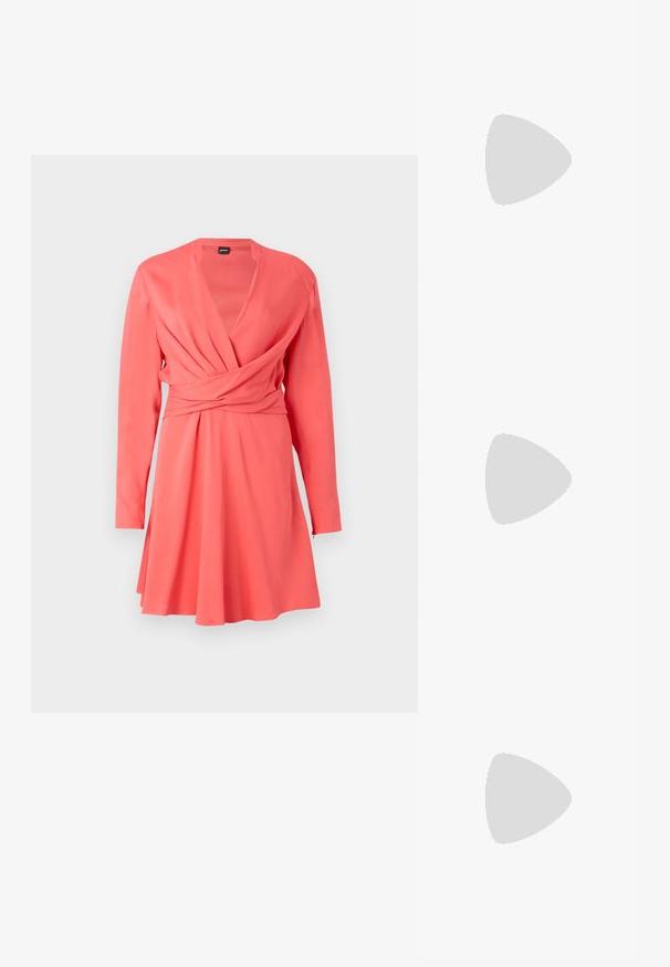Coral-colored wrap dress with long sleeves, V-neck, gathers at the waist, flared skirt, and smooth fabric texture.; Black high-heeled sandals feature thin straps with a knotted design, a smooth square toe, and a sleek stiletto heel.; Light gray metallic handbag featuring a chain strap, embellished with small circular metallic studs and a triangular brand logo.; Silver hoop earrings with a smooth, shiny finish. Rounded shape, lightweight design, featuring a post-back closure.