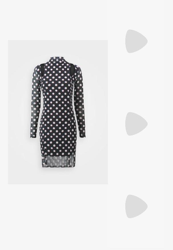 Robe noire à manches longues avec des pois blancs et rouges, col haut, épaules dégagées et une texture légèrement transparente.; Sandales à talons hauts en cuir noir avec un talon fin et courbé et un design de brides croisées. Bride de cheville réglable. Texture lisse.; Lunettes de soleil hexagonales noires avec des verres dégradés, dotées d'une finition brillante et d'un marquage subtil sur la branche. Construction en plastique durable.; Sac à main en cuir noir avec une finition texturée, doté de deux poignées supérieures, d'une bandoulière amovible et d'un détail de fermoir en argent.