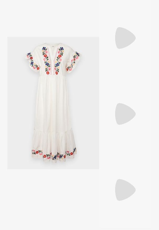 Robe maxi blanche ornée de broderies florales en rouge, bleu et rose. Présente un décolleté en V, des manches courtes à volants et un ourlet en cascade.; Tong sandale en caoutchouc noir avec une bride en T texturée et une semelle plate simple, montrée de côté sur un fond clair.; Lunettes de soleil avec des verres gris, monture en métal argenté slim, accents transparents et embouts noirs sur les branches. Elles ont une forme ovale.; PULL&BEAR SHOPPER - Cabas - grey