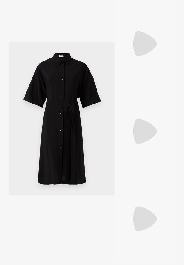 Black shirt dress made of lightweight fabric, featuring a collared neck, short sleeves, front buttons, and a matching fabric belt.; Black leather slingback heels with a pointed toe, featuring a slim heel and a gold-tone accent on the adjustable strap. Smooth texture.; Black leather handbag with a structured design, featuring a cropped shape, top handle, and gold hardware accent. Adjustable shoulder strap included.; Silver metal hoop earrings with a smooth, shiny surface and a structured, rounded design. Features a hinged clasp for secure wear.