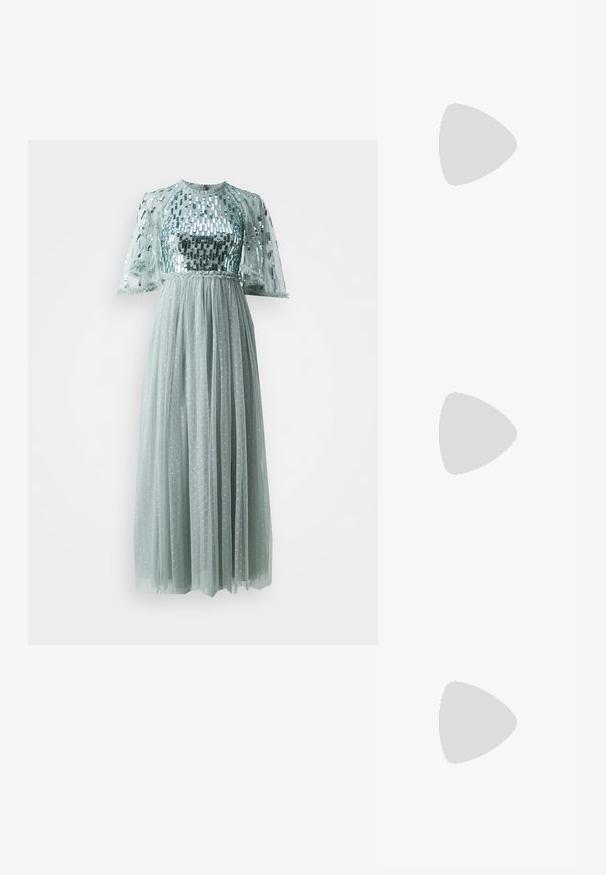 Needle & Thread SEQUIN DASH BODICE ANKLE GOWN - Abiti per occasioni speciali - sage; Slingback con tacco in vernice nera con punta affusolata, caratterizzato da una stampa a serpente testurizzata, cinturino regolabile e un tacco corto e testurizzato.; Borsa a tracolla nera in pelle con due tasche frontali, fibbie dorate, chiusura con zip e una tracolla sottile. Superficie texturizzata e forma rettangolare compatta.; Orecchini a cerchio in metallo color oro con forma curva ed allungata. Presentano una superficie liscia e lucida e una punta arrotondata per un tocco di dettaglio in più.