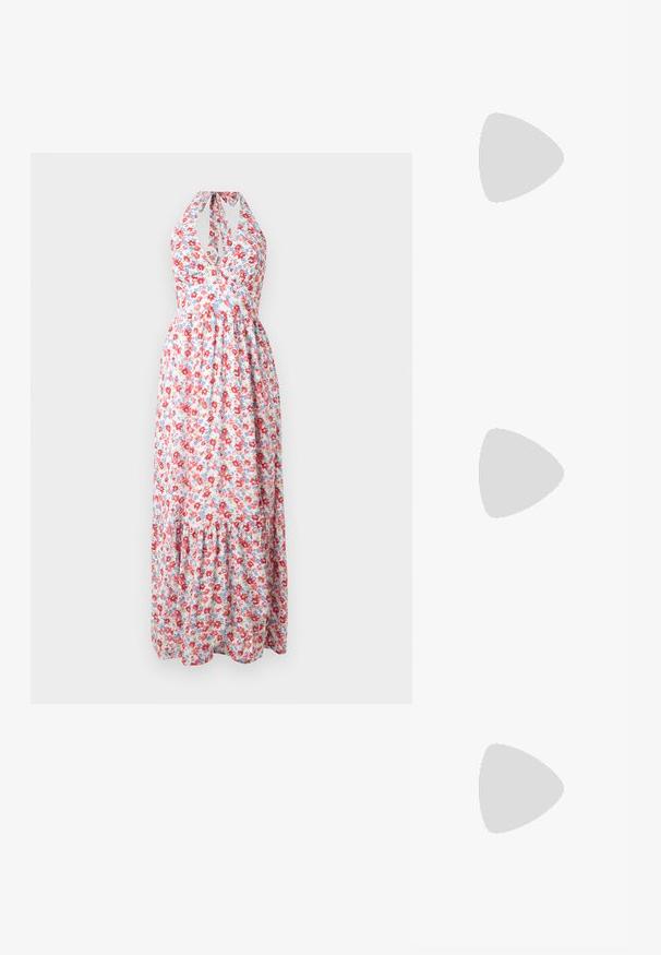 Floral maxi dress featuring a halter neck design, colorful red and blue floral pattern on a light background, with a tiered skirt.; White heeled sandals featuring a strappy design with a secure ankle strap and a low, clear block heel. Smooth texture with a square toe.; Even&Odd by Zalando Handbag - dark red; Gold-tone hoop earrings with a smooth, polished finish. Features a half-circle shape and a secure post closure.