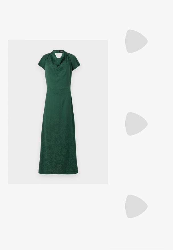 Green dress made of smooth fabric, featuring a cowl neckline, cap sleeves, and a straight silhouette with subtle patterns.; Black leather slingback heels with a pointed toe, featuring a slim heel and a gold-tone accent on the adjustable strap. Smooth texture.; Black leather handbag with a structured design, featuring a cropped shape, top handle, and gold hardware accent. Adjustable shoulder strap included.; Silver metal hoop earrings with a smooth, shiny surface and a structured, rounded design. Features a hinged clasp for secure wear.