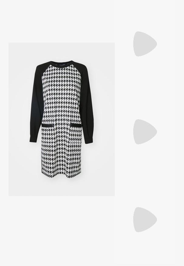 Svart och vit klänning med ett hundtandsmönster på överkroppen, med enfärgade svarta raglanärmar och två framfickor.; Svart läder slingback-hälar med spetsig tå, med en smal klack och en guldtonad detalj på den justerbara remmen. Slät textur.; Svart läderhandväska med en strukturerad design, som har en avskuren form, ett handtag upptill och guldiga detaljer. Justerbar axelrem ingår.; Silver hoopörhängen med en slät yta och en rad små klara stenar längs den nedersta kanten, med en stiftbaksstängning.