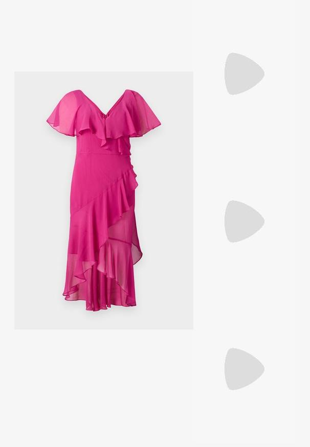 Fuksiaroosa kleit V-kaelusega, laienevate varrukatega ja kihiliste volangidega. Valmistatud kergest kangast, millel on ebavõrdne alläär ja tekstureeritud voog.; Mustmust paelad, millel on terav varvas, tekstuuriga maduprindiga, reguleeritav rihm ja lühike tekstuuriga plokknina.; Must küllastamata nahast õlakott, millel on kaks esist nähtavat taskut, kuldsed pandlad, tõmblukuga sulgemine ja peen rihm. Tekstuuriga pind ja kompaktne ristkülikukujuline kuju.; Kuldtoonilised metallist rõngas kõrvarõngad, millel on kõver ja piklik kuju. Omavad siledat, läikivat pinda ja ümarat tipptugevdust, mis lisab detaili.