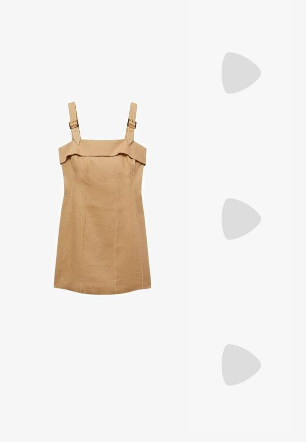 Mango Etuikleid - sand; Braune Wildledersandalen mit zwei breiten Riemen, einem konturierten Fußbett und einer schwarzen Gummisohle. Klettverschluss an der Seite.; Sonnenbrille mit goldfarbenem Metallrahmen, grünen getönten Gläsern, ovaler Form, schwarzen Bügeln und klaren Nasenpads. Sauberes, minimalistisches Design.; Schwarze Lederhandtasche mit goldenen Hardware-Akzenten, ausgestattet mit einem charakteristischen Verschluss, einem abnehmbaren Schultergurt und einer strukturierten Oberfläche.