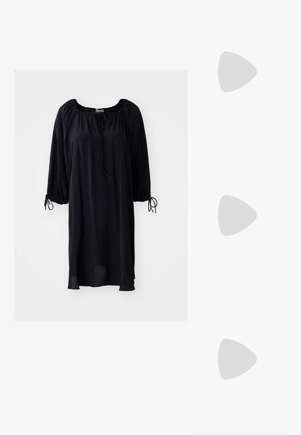 Black, knee-length dress with a scoop neckline, drawstring closure, and puffed sleeves with tie detailing at the cuffs. Smooth fabric texture.; Black leather sandal with thin straps, low block heel, and square toe. Features a buckle closure and smooth texture.; Black leather crossbody bag with half-moon shape, textured surface, gold zipper, and a flat strap. Compact design suitable for essentials.; Gold metal earrings with a simple round shape, featuring a smooth finish and a central polished band. Measures approximately 1 cm in diameter.