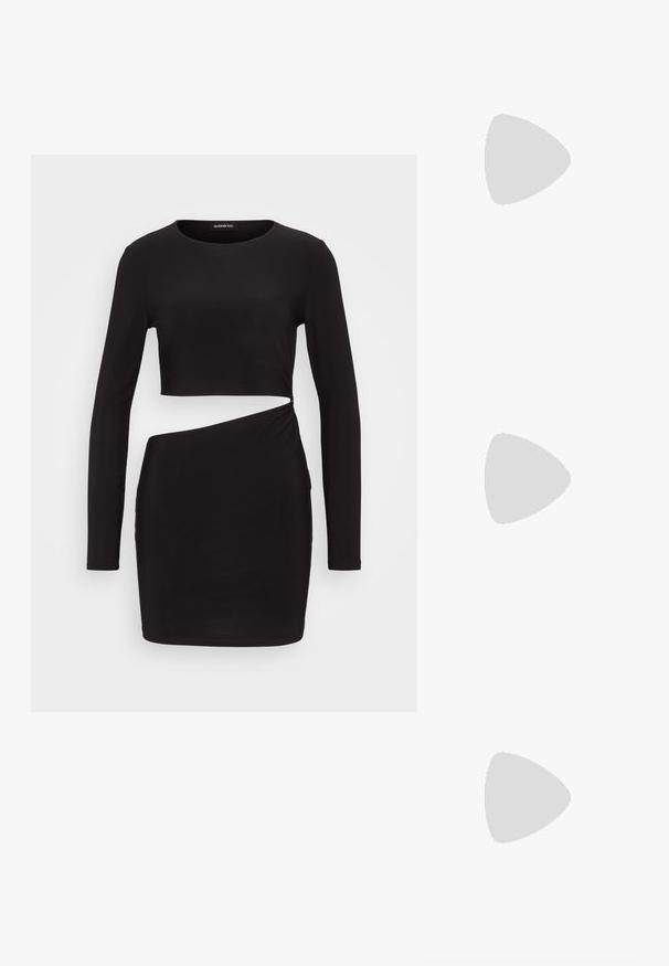 Robe noire à manches longues avec un haut court et un détail torsadé sur le côté, fabriquée en tissu lisse et extensible. Silhouette ajustée.; Talons aiguilles dorés métalliques avec un bout pointu et un talon épais. Texture lisse, design minimaliste et une fine bride.; Sac à main en métal doré avec un design structuré, texture lisse et bandoulière ajustable. Présente une forme triangulaire unique et des coutures minimalistes.; Boucles d'oreilles dorées présentant des formes texturées et ondulées. Comprend des clips sculpturaux et un design de créoles ouvertes avec une finition martelée.