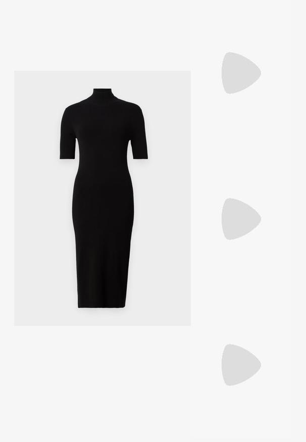 Calvin Klein COMFORT MOCK NECK DRESS - Pulóverruha - black; Fekete magas sarkú szandálok vékony pántokkal, csomózott mintával, sima négyzetes orral és karcsú stiletto sarkal rendelkeznek.; Világosszürke fémes kézitáska lánc pánttal, kis kör alakú fém kifinomult díszítéssel és háromszög alakú márkagéppel.; Ezüst karika fülbevalók sima, fényes felülettel. Lekerekített forma, könnyű kialakítással, tűs zárómechanizmussal.