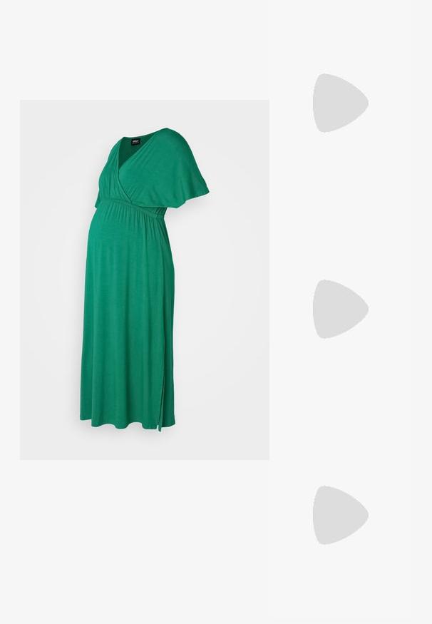 ONLY MATERNITY OLMAMAZE ALL IN ONE NURSING DRESS - Žerzejové šaty - verdant green; Černé kožené lodičky s špičatou špičkou a nízkým blokovým podpatkem. Obsahují pásek kolem kotníku se zlatou sponou. Hladký povrch.; Černé oversized sluneční brýle se gradientními skly, silnými rámy a zlatými řetízkovými detaily na nožičkách.; Černá kabelka se strukturovaným tvarem, hladkým povrchem a kovovým uzávěrem. Kombinována s širokými černými kalhotami a sandály s otevřenou špičkou na dřevěné podlaze.