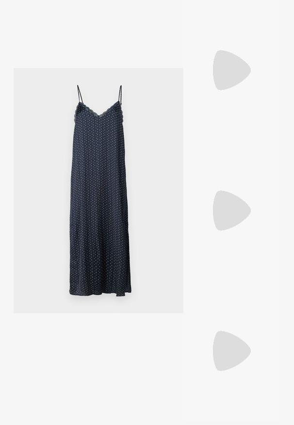 Navy sleeveless nightgown with white and red polka dots, scalloped neckline, and a long, flowing design made of soft fabric.; Brown leather cowboy boots with pointed toe and block heel, featuring detailed stitching and raised accents on the shaft.; Cat-eye sunglasses with a black and orange tortoiseshell frame, brown lenses, and sleek, pointed tips. Features a minimal logo on the temple.; Black leather clutch bag with a flap and a gold metal buckle detail. Includes a black strap and a sleek, minimalist design.; Silver hoop earrings with a twisted design, featuring a polished finish and post-back closure. Measure approximately 3 cm in diameter.