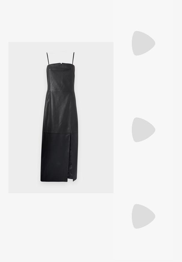 Filippa K TUBE DRESS - Dnevna haljina - black; Crne lakirane slingback pete s oštrim vrhom, s teksturiranim uzorkom zmijske kože, podesivom remenom i kratkom, teksturiranom blok-petom.; Crna kožna torba preko ramena s dva prednja džepa, zlatnim kopčama, zatvaranjem na zip i uskim remenom. Teksturirana površina i kompaktan pravokutan oblik.; Zlatne naušnice s pravokutnim, prozirnim kristalom koji visi ispod niza malih, okruglih prozirnih akcenata. Elegantni, moderni dizajn.