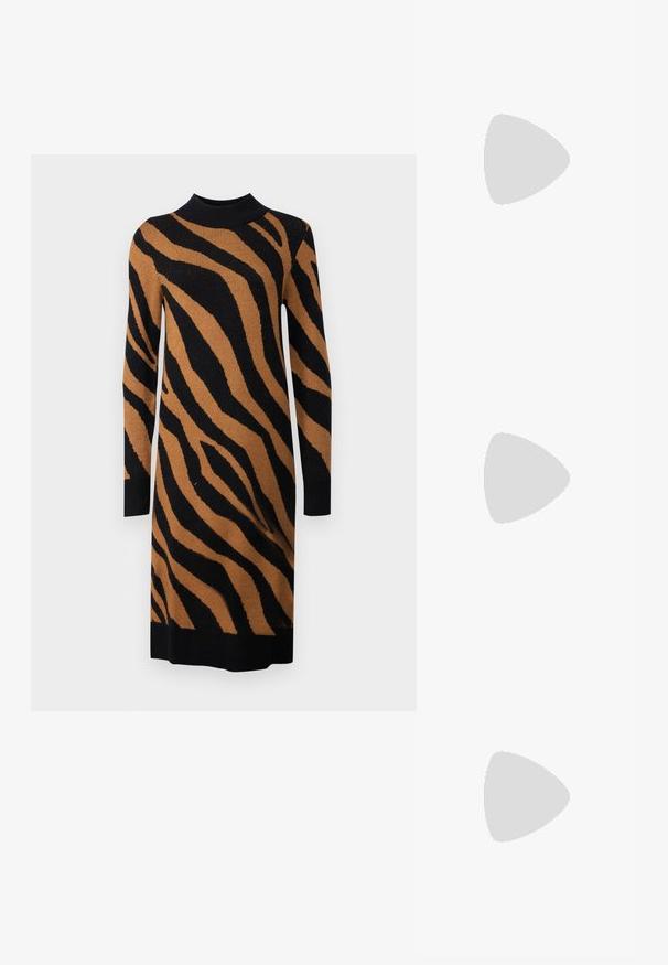 VILA VIRIL CREW NECK MIDI DRESS - Rochie tricotată - black; Bocanci de cowboy din piele maro, cu vârf ascuțit și toc pătrat, având cusături detaliate și accente ridicate pe tijă.; Geantă de mână din piele neagră, cu clapetă și un detaliu din metal auriu. Include o curea neagră și un design elegant, minimalist.; Cercei din argint cu un design torsadat, având un finisaj lucios și închidere cu tijă. Au un diametru de aproximativ 3 cm.