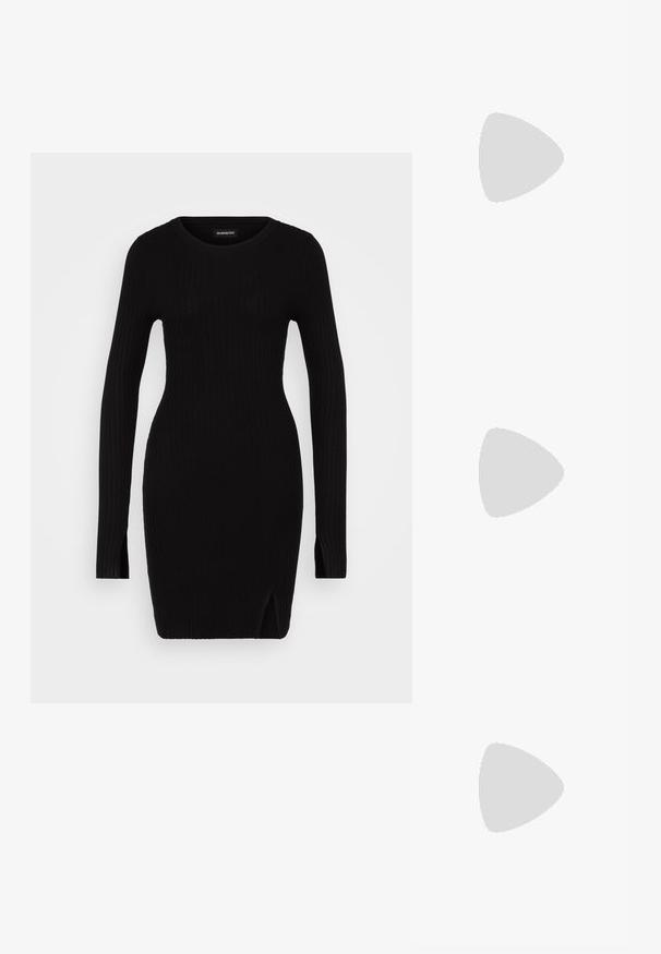 Robe en tricot côtelé noir avec manches longues, col rond, fentes sur les côtés et silhouette cintrée, mettant en avant une texture lisse et un design minimaliste.; Escarpins en cuir verni noir avec bout pointu et talon bloc géométrique. Présente un design élégant et minimaliste ainsi qu'une texture lisse.; Sac hobo en cuir noir avec une texture lisse, une forme incurvée et une seule sangle réglable ; dispose d'une large ouverture en haut.; Boucles d'oreilles en or avec une finition lisse et polie. Doté d'une forme en demi-cercle et d'une fermeture à tige sécurisée.