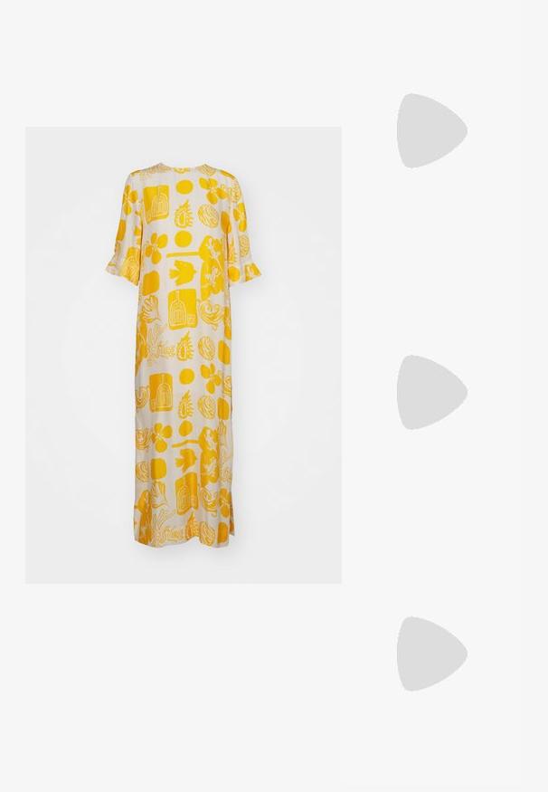 Rodebjer BAHIA - Velika haljina - marigold; Bijela visoka potpetica s dizajnom u obliku špice, od kože, s podesivim remenom oko gležnja ukrašenim rhinestones i slim stiletto potpeticom.; Tortoiseshell naočale s okvirima u obliku kruga i debelom konstrukcijom, te smešnim lećama. Imaju suptilne uzorke i ravne, sužene nogice.; Narukvica od metalnog materijala u zlatnoj boji, glatke površine, zaobljenih rubova, minimalističkog dizajna, otvorenih krajeva, s poliranom završnom obradom.
