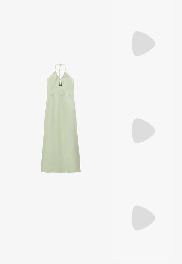 Mango Maxi šaty - light green; Zlaté vegánske kožené sandále s dvomi nastaviteľnými remienkami, korkovou stielkou a tmavou gumovou podrážkou. Hladký povrch s metalickým leskom.; Obdĺžnikové slnečné okuliare s rámom z plastu s motívom korytnačiny, tmavé šošovky a strieborné akcenty na bokoch. Vyrobené v Taliansku.; Hnedá kožená crossbody taška s logom, zlatým reťazcom, zipsovým uzáverom a zlatými prvkami. Kompaktnej a obdĺžnikovej forme.