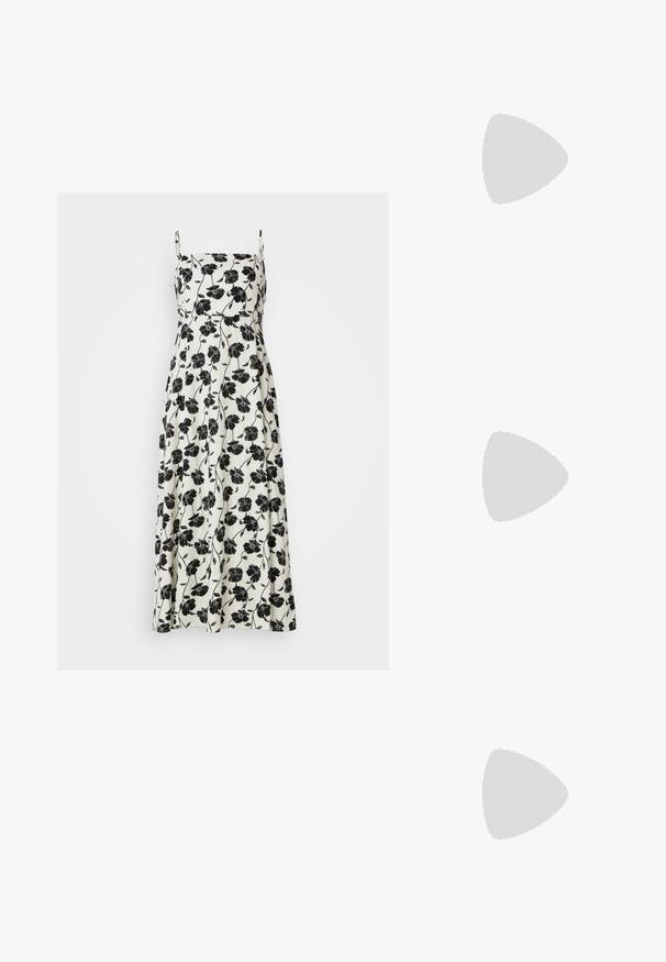 Gap Tall EMPIRE WAIST MIDI - Dnevna haljina - white; Zlatne metalne sandale na petu s kutnim blok petom, dva remenska traka preko stopala i podesivim remenom oko gležnja. Glatka tekstura.; Crna kožna torba s glatkom teksturom. Ima podesivu naramenicu i elegantan, minimalistički dizajn s zatvaranjem na patentni zatvarač.; Zlatne kružne naušnice s glatkom, sjajnom završnom obradom. Kružni dizajn s malom potporom i prozirnom podlogom za sigurno nošenje.