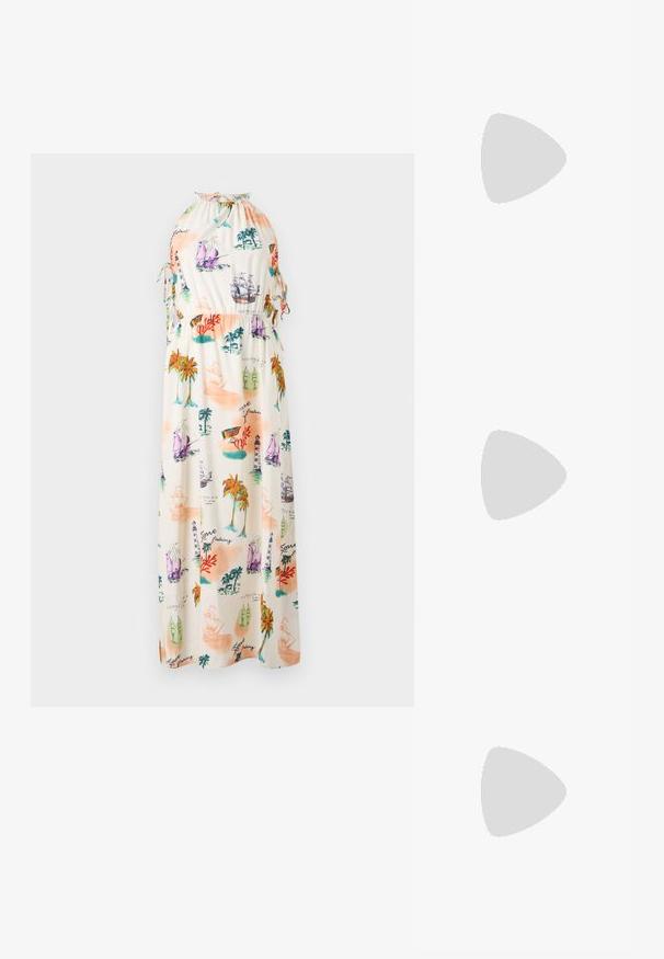 Robe maxi en tissu léger présentant un imprimé maritime coloré avec des bateaux, des phares et des palmiers. Décolleté halter avec cordons de serrage.; Chaussure slingback en cuir verni noir avec un embout pointu, des brides de cheville avec des boucles en argent et des éléments en métal, et un talon fin.; Sac à main en métal doré avec un design structuré, texture lisse et bandoulière ajustable. Présente une forme triangulaire unique et des coutures minimalistes.; Boucles d'oreilles dorées présentant des formes texturées et ondulées. Comprend des clips sculpturaux et un design de créoles ouvertes avec une finition martelée.