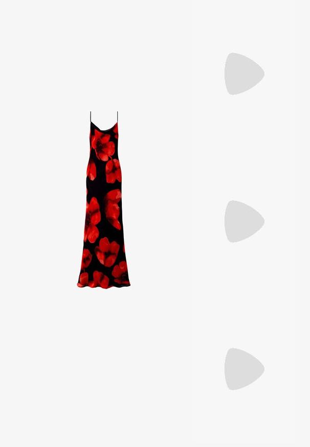 Vestido maxi sin mangas de color negro con un patrón floral de grandes flores rojas. Tejido suave y ligero con una silueta fluida.; Zapato de tacón de tirantes blanco con punta afilada, material superior liso, tacón bajo y diseño con corte lateral con correa ajustable.; Gafas de sol redondas con lentes oscuros y montura dorada. El modelo lleva un cárdigan de canalé azul claro con botones y mangas blancas en contraste.; Monedero de muñeca Michael Kors en lona recubierta beige que presenta un patrón repetido del logo MK, herrajes dorados y una correa de cadena desmontable.