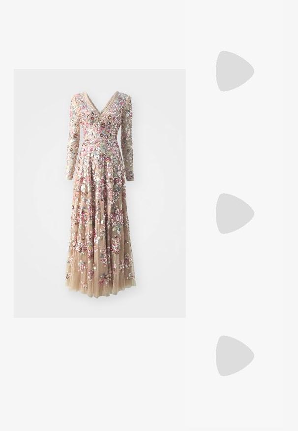 Needle & Thread SEQUIN PARADISE LONG SLEEVE GOWN - Occasion wear - sand; Black leather kitten heel with pointed silver toe cap and dual buckle straps on a white background.; Black leather crossbody bag with two front pockets, gold buckles, zipper closure, and a slim strap. Textured surface and compact rectangular shape.; Gold-tone earrings featuring a rectangular, clear crystal dangling below a row of small, round clear accents. Sleek, modern design.