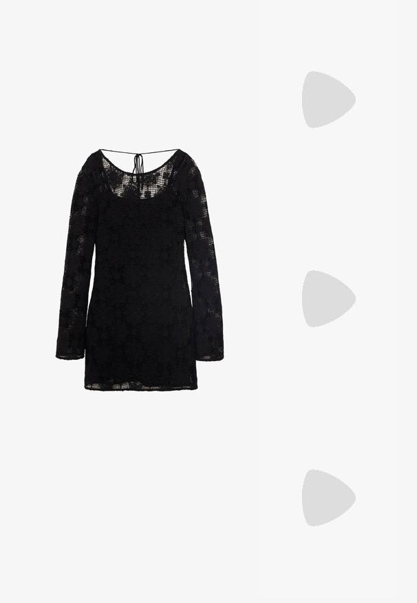 Black lace dress with long sleeves, scoop neckline, and back tie detail. Lightweight, textured pattern covers the fabric, creating a sheer effect.; Black patent leather slingback heels with a pointed toe, a rounded cutout design, and a block heel. Features a gold-tone buckle accent.; Black oversized sunglasses with gradient lenses, thick frames, and gold-tone chain detailing on the temple arms.; Black handbag with textured surface, dual top handles, and adjustable shoulder strap. Features gold-tone hardware and side pockets.