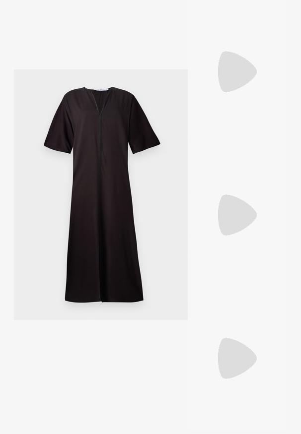 Black dress with short sleeves, featuring a front zipper and a simple, straight silhouette. Made from a smooth, lightweight fabric.; Black patent leather slingback shoes with a pointed toe, silver hardware detail, and a low block heel. Smooth, shiny texture throughout.; Black leather crossbody bag featuring a smooth texture, rectangular shape, and a metallic chain detail on the front. Adjustable strap included.; Silver drop earrings with a square stud, featuring a smooth, polished finish and a teardrop shape, reflecting light with a glossy surface.