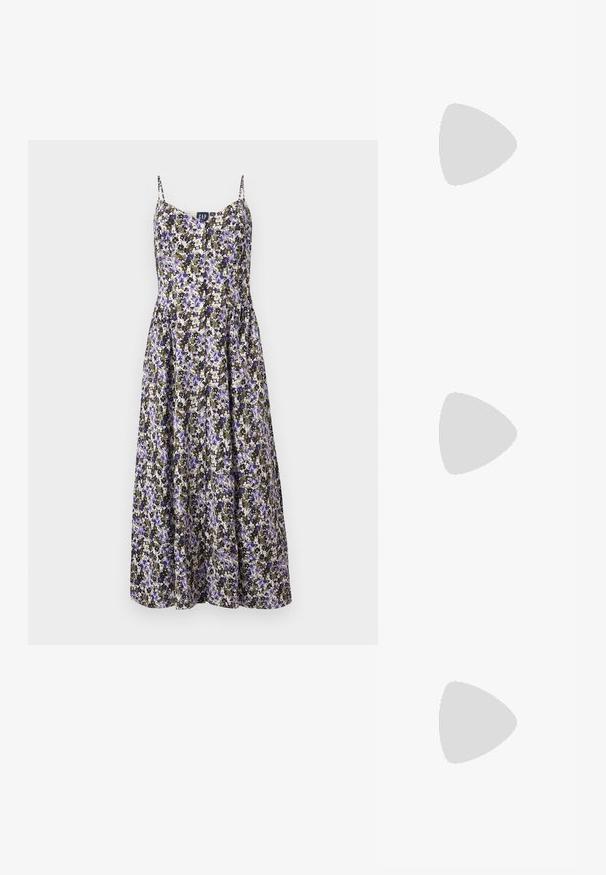 Blumen-maxikleid mit dünnen Trägern, mit lila, schwarzen und cremefarbenen Blumen auf einem dunklen Hintergrund. Material ist leicht und hat ein fließendes Design.; Spitz zulaufender High-Heel-Schuh in einer Farbgestaltung aus Silber, Gold und Nude. Glänzende Oberfläche mit Ausschnittdesign und stiletto Absatz.; Silberne metallic Pouch-Tasche mit einer sanften, abgerundeten Form und einem geknoteten Verschluss oben. Hergestellt aus glattem Kunstleder.; Silberne Creolen mit gedrehter Gestaltung, ausgestattet mit einer polierten Oberfläche und einer Steckverschluss. Sie haben einen Durchmesser von ca. 3 cm.