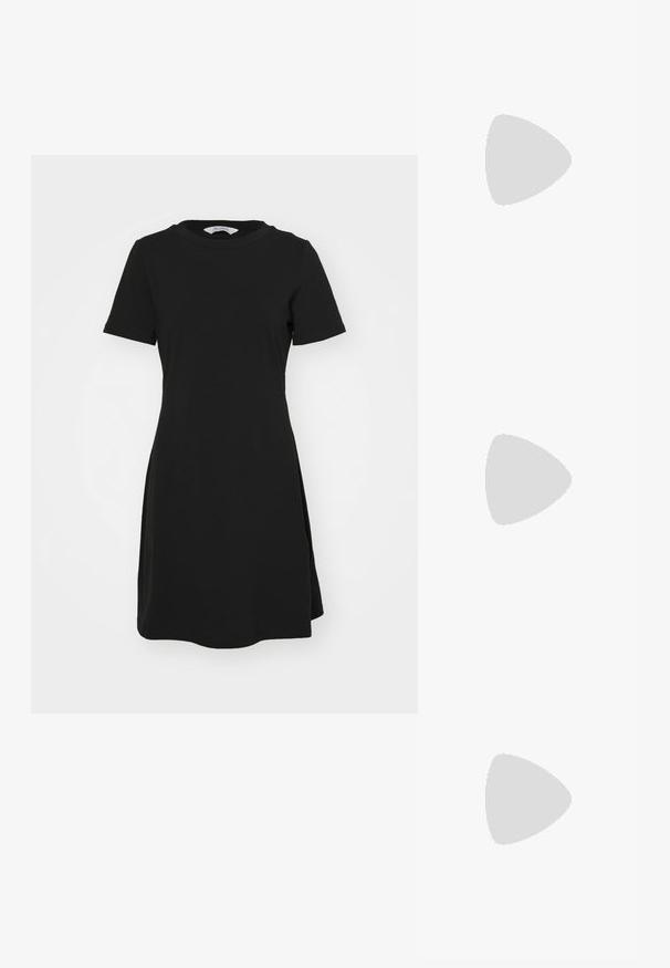 Max Mara Leisure ESTRO - Trikoomekko - nero; Mustat nahkakengät, joissa on avonainen takaosa ja kärjessä terävä muoto, koristevyöt, joissa on metalliset reiät, sekä matala lohkoepohja. Teksturoitu pinta.; Musta nahkakäsilaukku, jonka muotoilu on sulavalinjainen, varustettu hopeisella siipilogolla ja ketjuhihnalla. Pintakuviointi ja vetoketjusuljin.; Hopeakuvioiset sydämen muotoiset rakkaussulkeet, joissa on kaiverrettu "KYLLÄ" ja "EI" -tekstit, kiiltävä pinta, symmetrinen muotoilu ja kestävä metalliovi.
