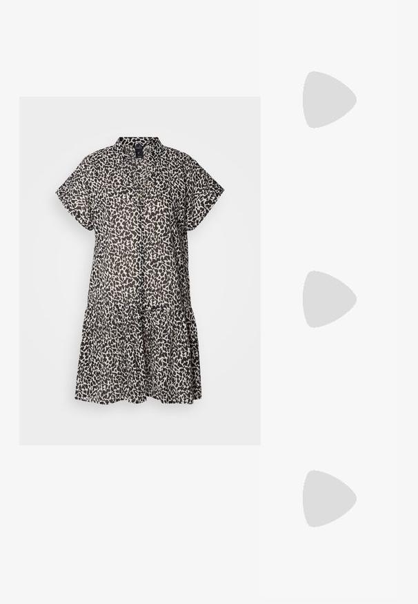 Krátký rukáv, šaty po kolena z lehké tkaniny, s černobílým leopardím potiskem a volánkovým lemem ve vrstvách.; Světle růžové slingback baleríny s špičatou špičkou, vyrobené z hladkého koženému materiálu. Obsahují vystřihovací detaily po stranách a plochý podpatek.; Šestiboké sluneční brýle s hnědými gradientovými čočkami, transparentním béžovým rámem a tmavě hnědými stranami. Na boku se nachází značka "vogue".; Bílá kožená kabelka se strukturálním designem, s magnetickým uzávěrem a ramenním popruhem, prezentovaná na neutrálním pozadí.