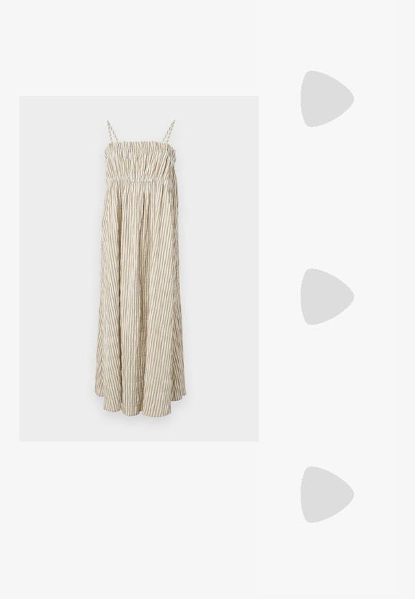 Strapless, lightweight dress with a gathered bodice, featuring vertical cream and beige stripes and a flowing silhouette.; White button-up shirt made of smooth cotton with a classic collar, featuring a straight hem and beige buttons along the front.; Beige patent leather slingback heels with a pointed toe and 5 cm heel, featuring cut-out sides and a thin ankle strap.; Tortoiseshell sunglasses with elongated oval lenses, brown tint, gold logo accents on temples, and sleek black arms.; Black tote bag made from fabric, featuring a prominent embossed logo in a circular design. Smooth texture with contrasting leather accents.