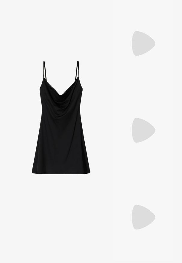 Bershka Denné šaty - black; Čierny top bez rukávov s vysokým výstrihom, ľahká tkanina, voľný strih a asymetrický spodný lem, ktorý je dlhší vzadu.; Čierne plátenné tenisky s bielymi šnúrkami, bielym gumovým špičkovým krytom a robustnou bielou medzipodrážkou. Obsahujú jemné biele švy a gumenú podrážku.; Slnečné okuliare s obdĺžnikovými, tmavosivými sklami, striebornými kovovými rámami a čiernymi plastovými koncami na rúčkach. Ľahký dizajn s nosovými podložkami.